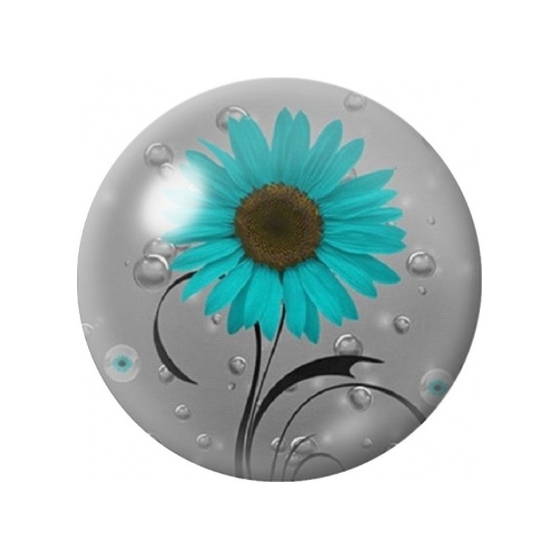 Cabochon en Verre Illustré Marguerite Turquoise et Gouttes 12 à 25mm