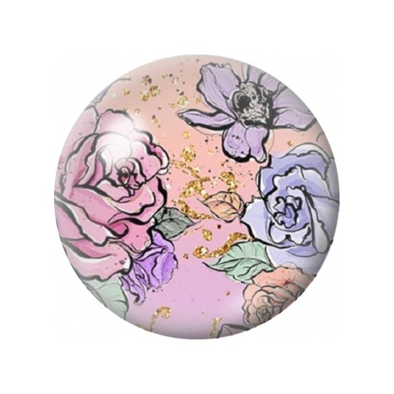 Cabochon en Verre Illustré Roses Pastel et Éclats Dorés 12 à 25mm