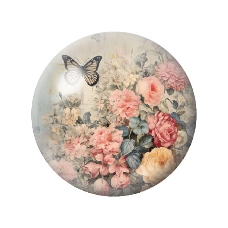 Cabochon en Verre Illustré Jardin de Roses et Papillon 12 à 25mm