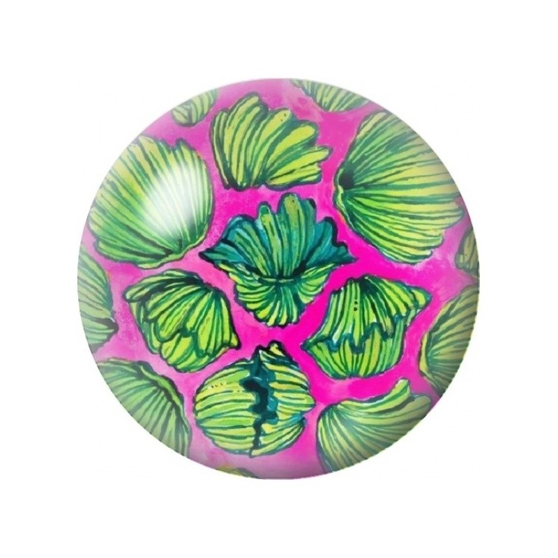 Cabochon en Verre Illustré Feuilles Vertes sur Fond Rose 12 à 25mm