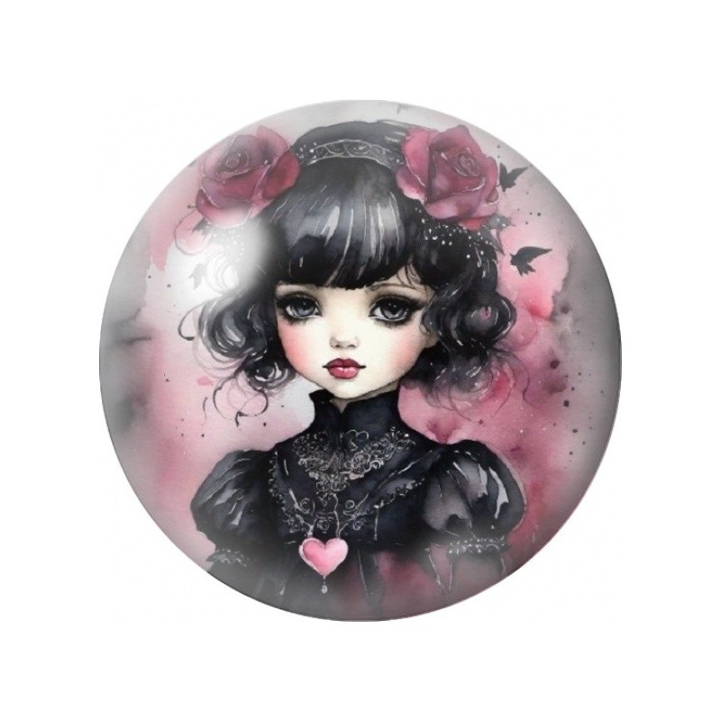 Cabochon en Verre Illustré Petite Fille Gothique aux Roses 12 à 25mm