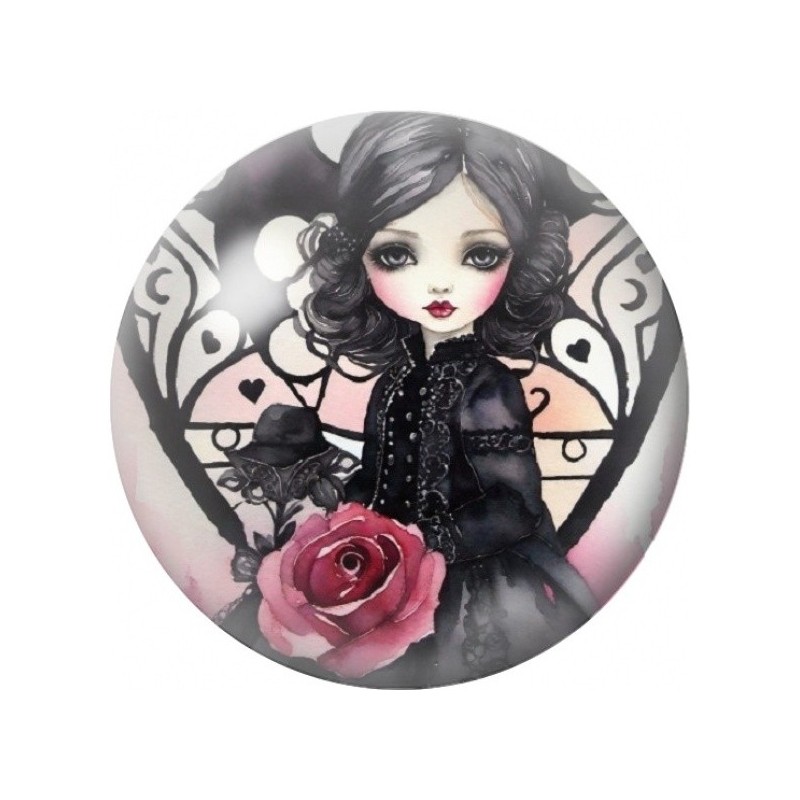 Cabochon en Verre Illustré Petite Fille Gothique au Chat Noir 12 à 25mm