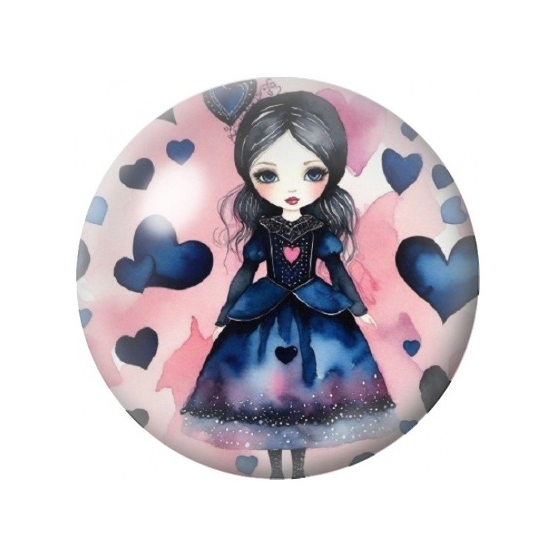 Cabochon en Verre Illustré Petite Fille Gothique aux Cœurs Bleus 12 à 25mm