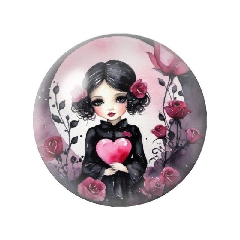 Cabochon en Verre Illustré Petite Fille Gothique au Cœur Rose 12 à 25mm