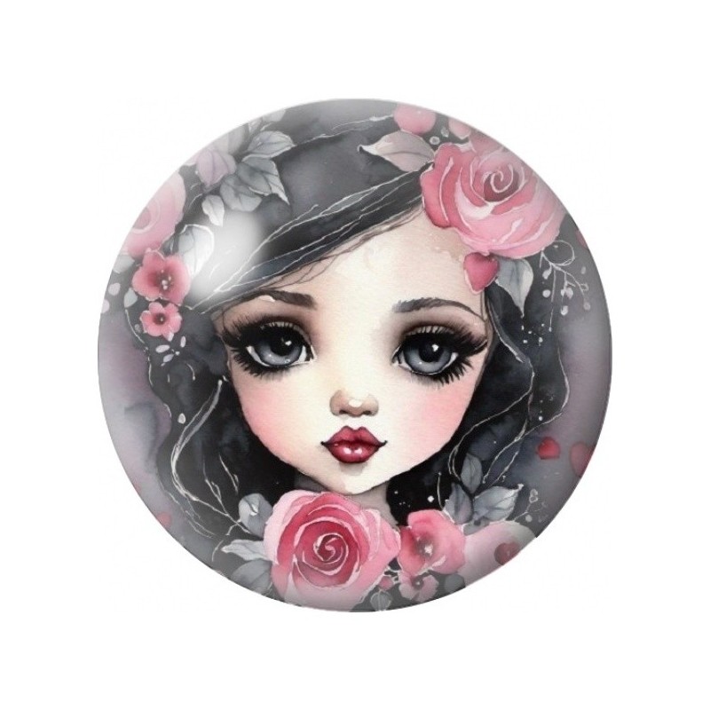 Cabochon en Verre Illustré Visage de Petite Fille aux Roses 12 à 25mm