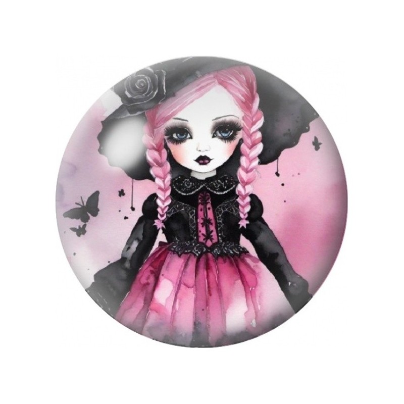 Cabochon en Verre Illustré Petite Fille Gothique aux Papillons 12 à 25mm
