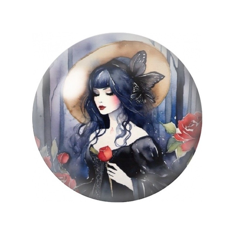 Cabochon en Verre Illustré Femme aux Cheveux Bleus et Rose Rouge 12 à 25mm