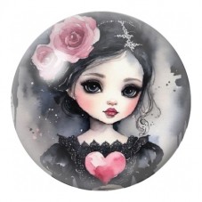 Cabochon en Verre Illustré Petite Fille au Cœur Rose 12 à 25mm pour la Création de Bijoux Fantaisie - DIY