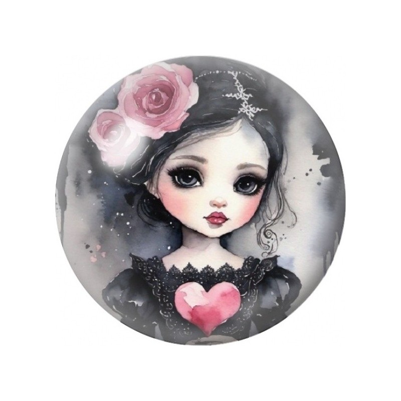 Cabochon en Verre Illustré Petite Fille au Cœur Rose 12 à 25mm