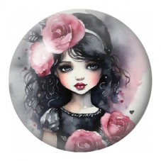 Cabochon en Verre Illustré Petite Fille aux Boucles et Roses 12 à 25mm pour la Création de Bijoux Fantaisie - DIY