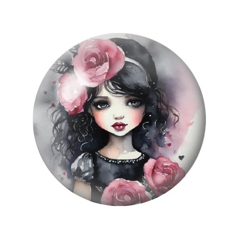 Cabochon en Verre Illustré Petite Fille aux Boucles et Roses 12 à 25mm