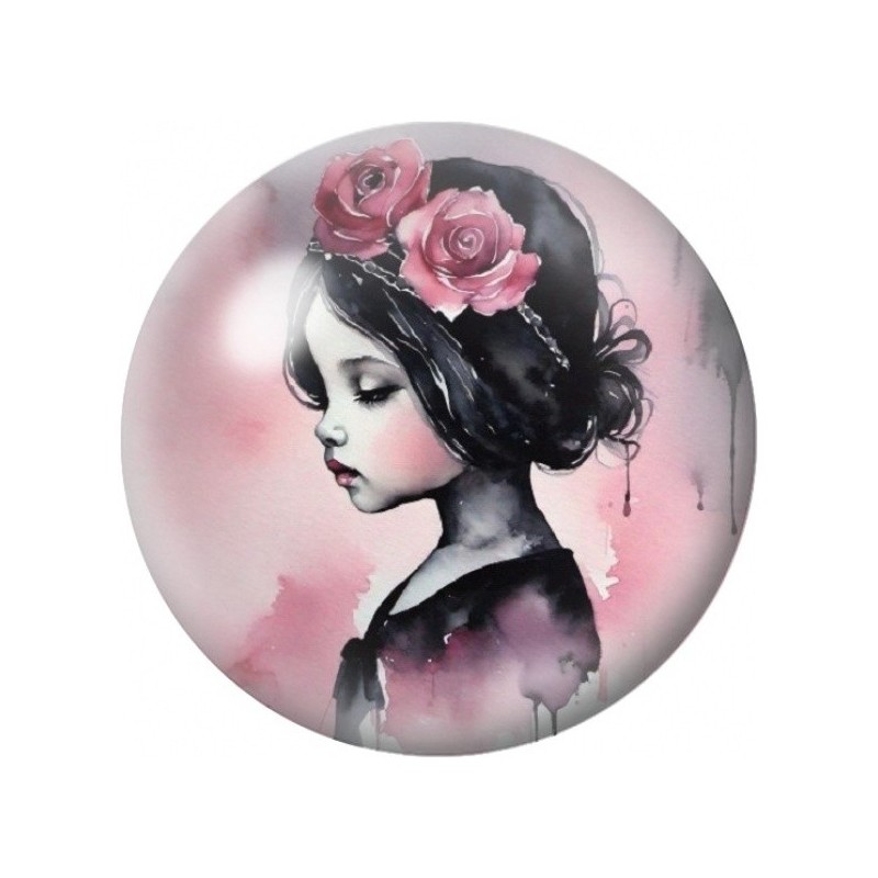 Cabochon en Verre Illustré Profil de Fille aux Roses 12 à 25mm