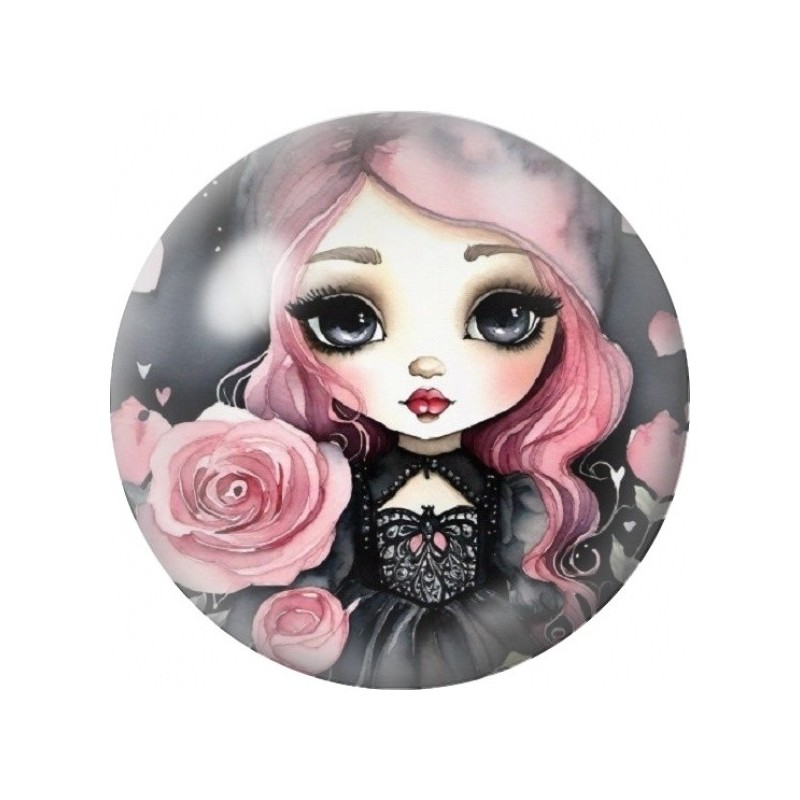 Cabochon en Verre Illustré Petite Fille aux Cheveux Roses 12 à 25mm