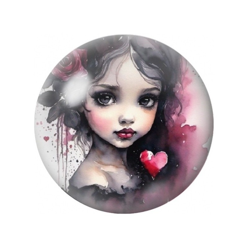 Cabochon en Verre Illustré Visage de Fille au Cœur Rouge 12 à 25mm