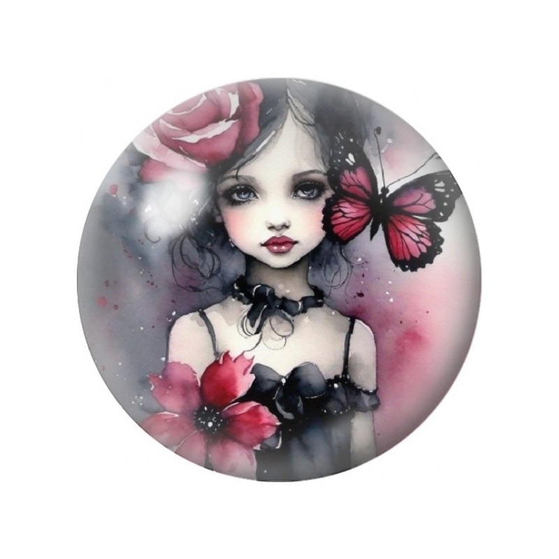 Cabochon en Verre Illustré Fille Gothique au Papillon Rose 12 à 25mm