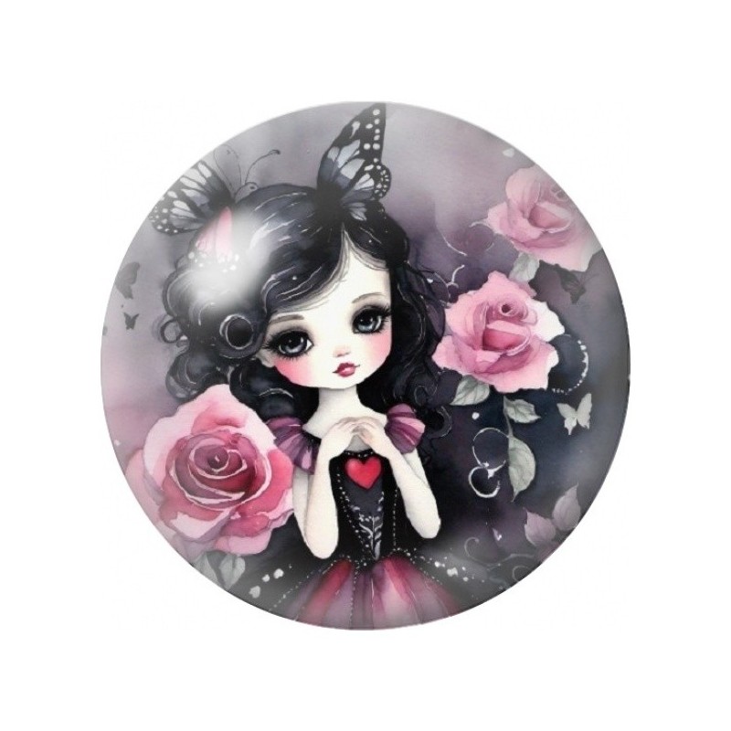 Cabochon en Verre Illustré Petite Fille au Chat Noir et aux Roses 12 à 25mm