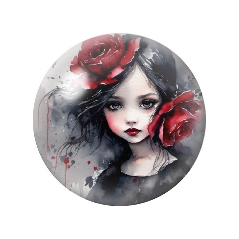 Cabochon en Verre Illustré Fille Gothique aux Roses Rouges 12 à 25mm