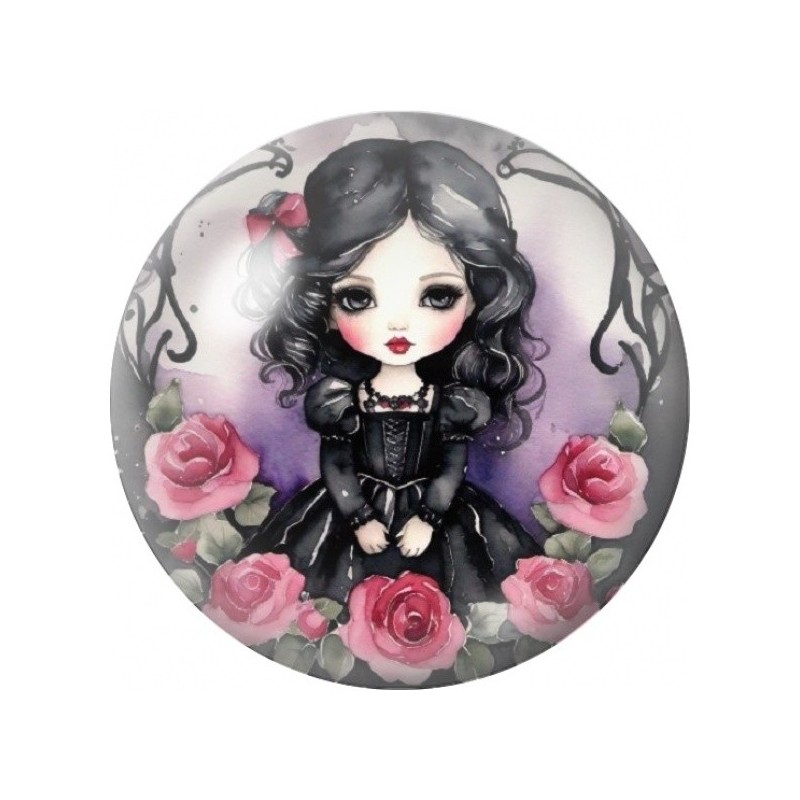 Cabochon en Verre Illustré Fille Gothique dans un Jardin de Roses 12 à 25mm