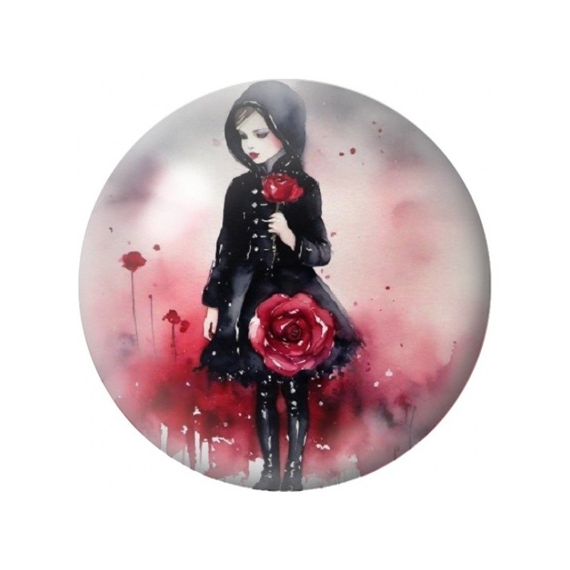 Cabochon en Verre Illustré Fille Gothique à la Rose Géante 12 à 25mm