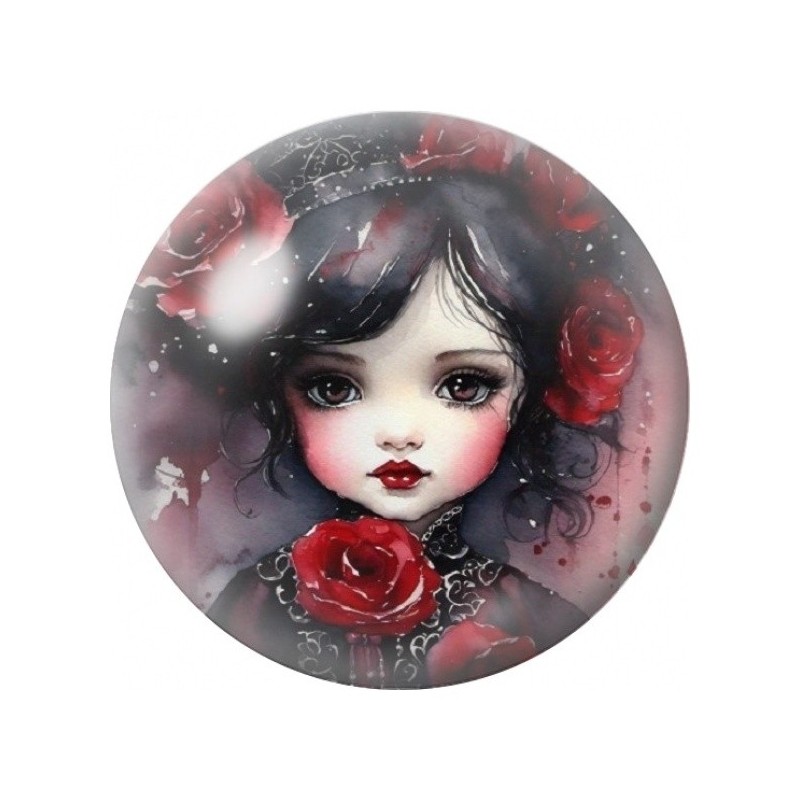 Cabochon en Verre Illustré Petite Fille entourée de Roses Rouges 12 à 25mm