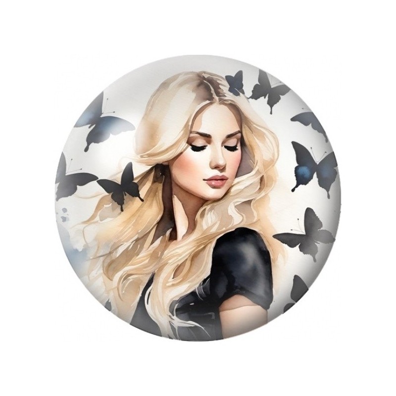 Cabochon en Verre Illustré Femme Blonde aux Papillons Noirs 12 à 25mm