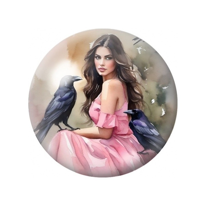 Cabochon en Verre Illustré Femme en Rose avec Corbeau 12 à 25mm