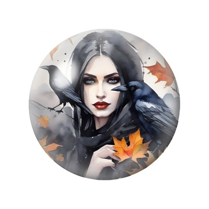 Cabochon en Verre Illustré Femme aux Corbeaux d’Automne 12 à 25mm