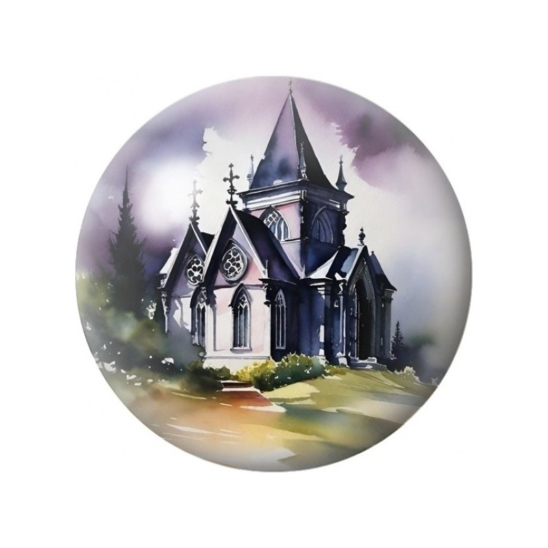 Cabochon en Verre Illustré Église Gothique sous la Brume 12 à 25mm