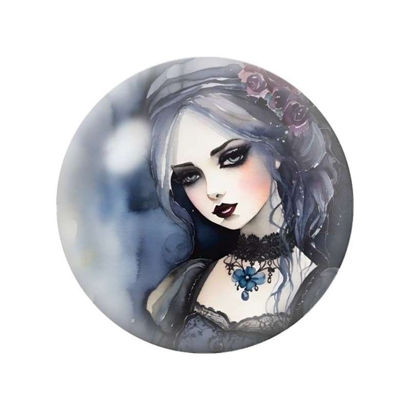 Cabochon en Verre Illustré Poupée Gothique aux Roses Grises 12 à 25mm