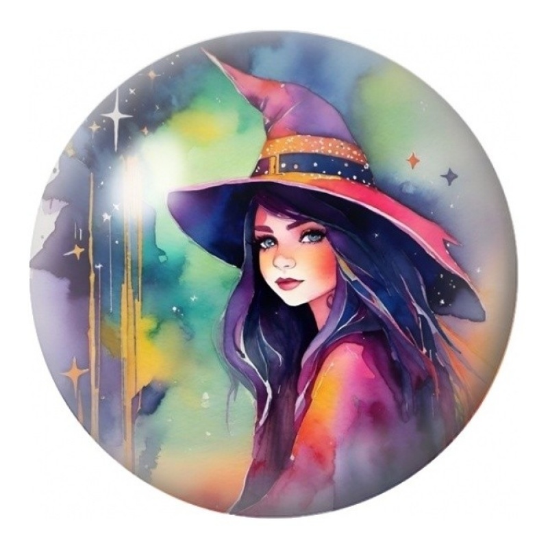 Cabochon en Verre Illustré Sorcière sous un Ciel Coloré 12 à 25mm