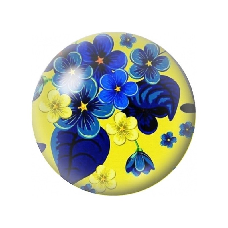 Cabochon en Verre Illustré Pensées Bleues sur Fond Jaune 12 à 25mm