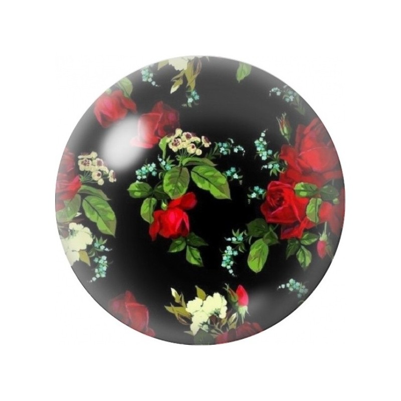 Cabochon en Verre Illustré Roses Rouges sur Fond Noir 12 à 25mm