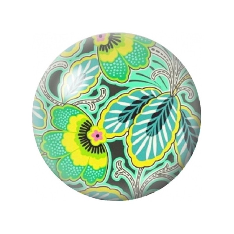 Cabochon en Verre Illustré Fleurs Paisley Vertes et Jaunes 12 à 25mm