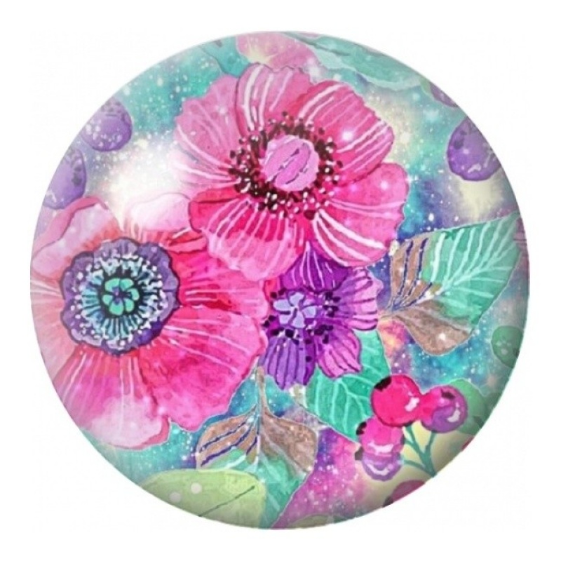 Cabochon en Verre Illustré Fleurs Roses sur Fond Turquoise 12 à 25mm