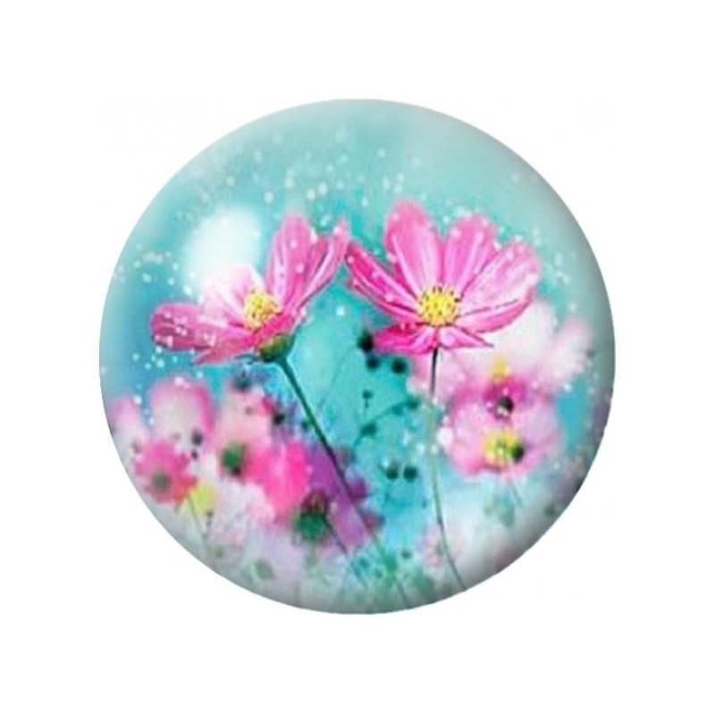Cabochon en Verre Illustré Cosmos Roses sur Fond Turquoise 12 à 25mm
