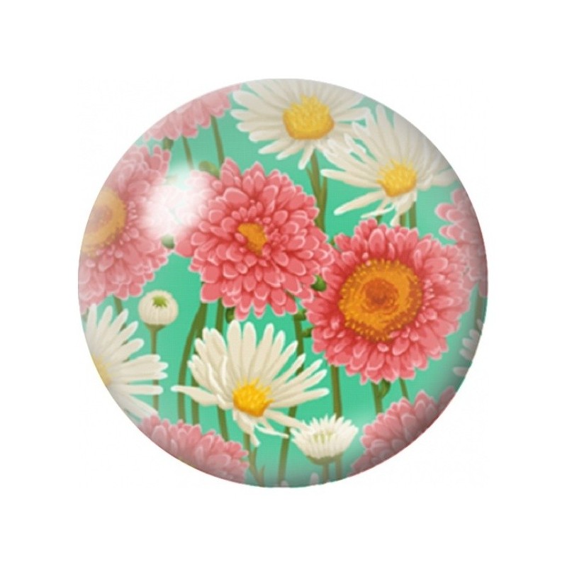Cabochon en Verre Illustré Gerberas Corail sur Fond Menthe 12 à 25mm