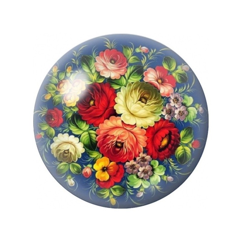 Cabochon en Verre Illustré Bouquet Folk Rouge et Jaune 12 à 25mm
