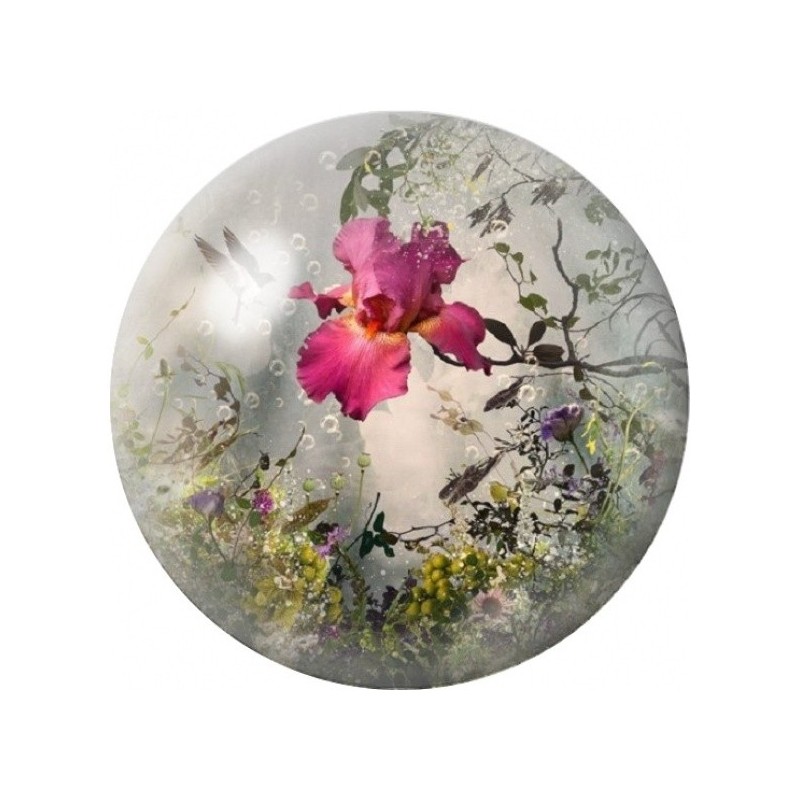 Cabochon en Verre Illustré Iris Fuchsia sur Fond Patiné 12 à 25mm