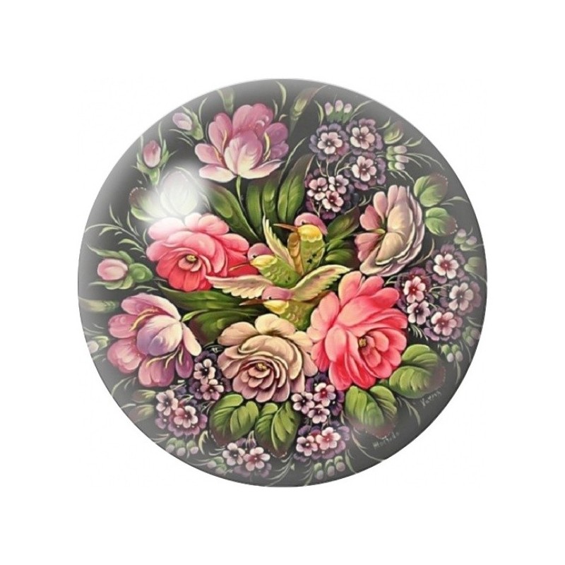 Cabochon en Verre Illustré Bouquet Folk Rose sur Fond Noir 12 à 25mm
