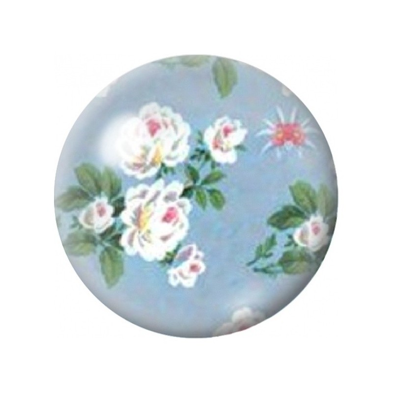 Cabochon en Verre Illustré Petites Roses Blanches sur Fond Bleu 12 à 25mm