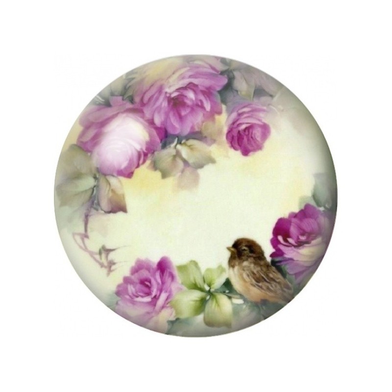 Cabochon en Verre Illustré Roses Mauves et Petit Oiseau 12 à 25mm