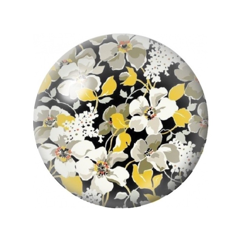 Cabochon en Verre Illustré Fleurs Blanches et Jaunes sur Noir 12 à 25mm