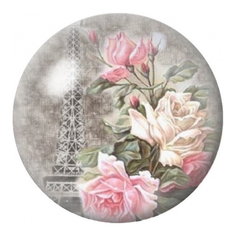Cabochon en Verre Illustré Roses Roses et Tour Eiffel 12 à 25mm