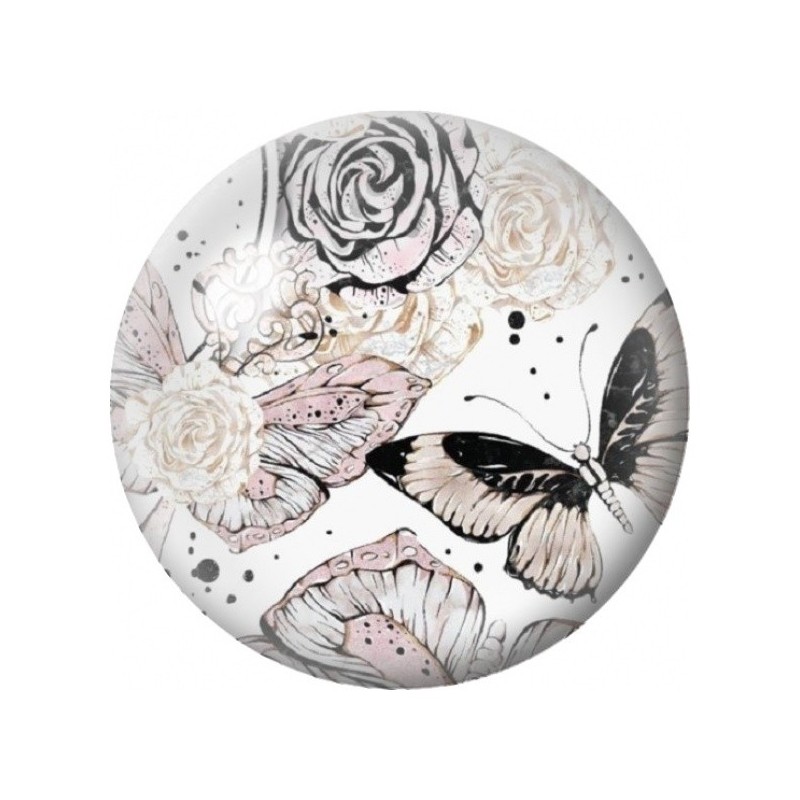Cabochon en Verre Illustré Papillons et Roses en Noir et Blanc 12 à 25mm