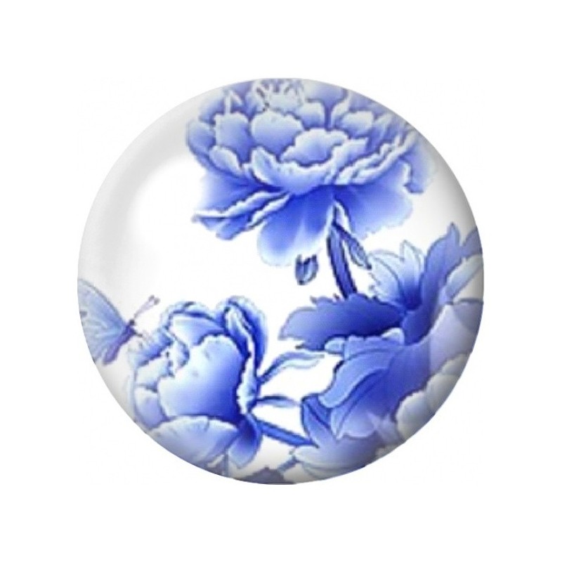 Cabochon en Verre Illustré Pivoines Bleues Façon Porcelaine 12 à 25mm