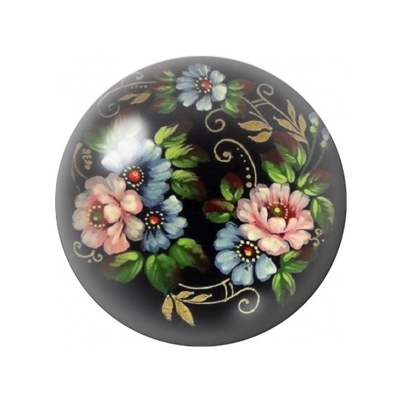 Cabochon en Verre Illustré Fleurs Folk sur Fond Noir 12 à 25mm