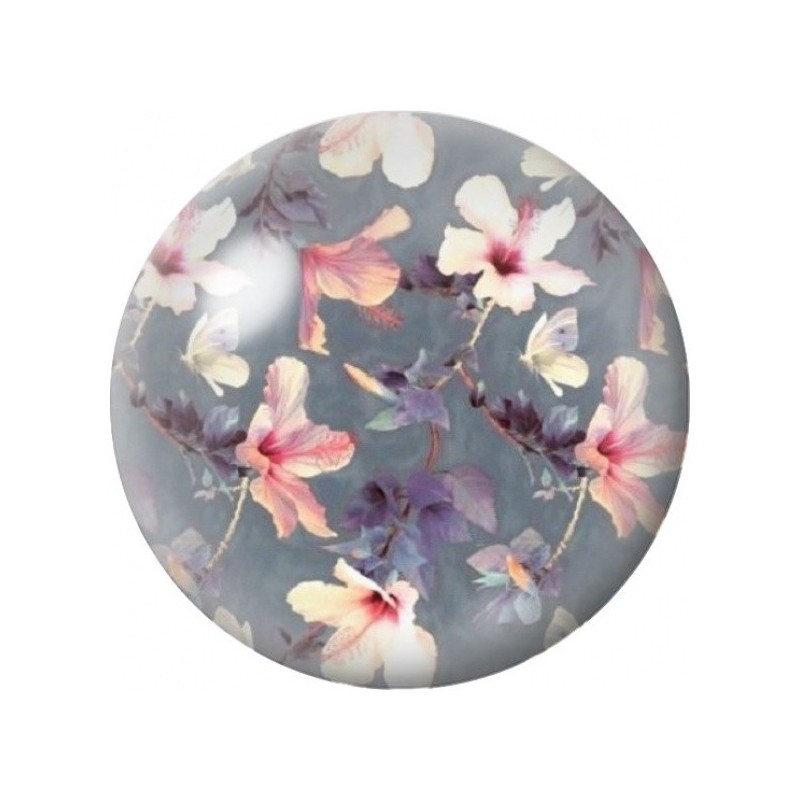 Cabochon en Verre Illustré Pétales de Magnolia sur Fond Gris 12 à 25mm
