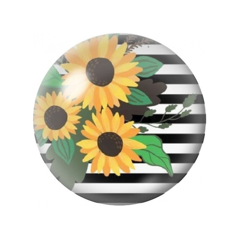 Cabochon en Verre Illustré Tournesols sur Rayures Noires 12 à 25mm