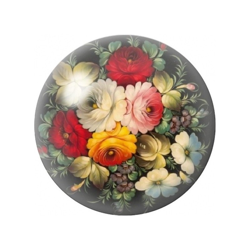 Cabochon en Verre Illustré Bouquet Folk Rouge et Crème 12 à 25mm