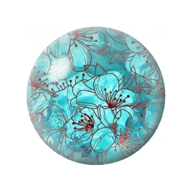 Cabochon en Verre Illustré Fleurs à l’Encre sur Fond Turquoise 12 à 25mm